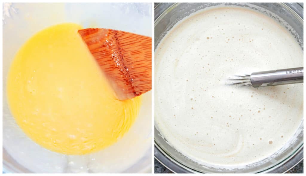 One photo showing eggs and sugar whisked together and one showing cream, milk, and stout added to the mixture for ice cream base.