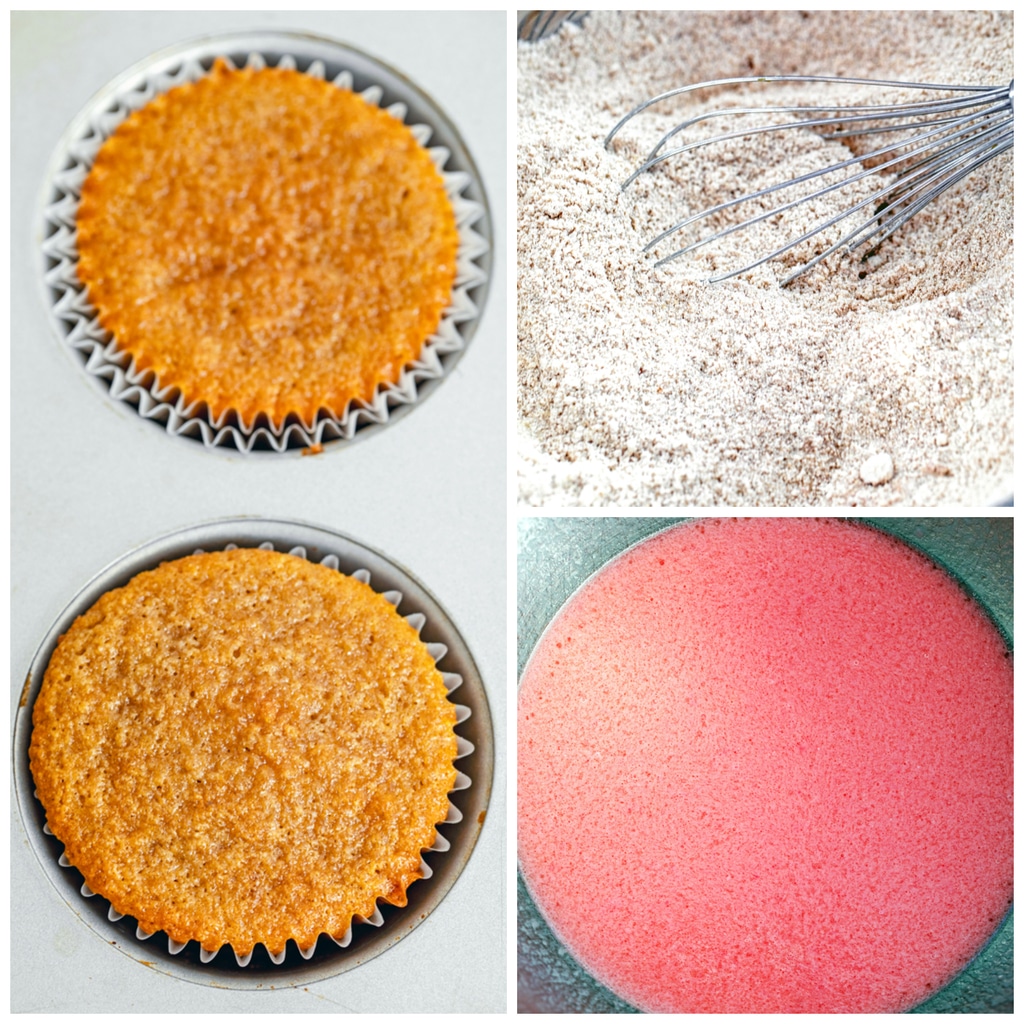 Collage showing process for making Bethenny Frankel's not-so-red velvet cupcakes, including pink liquid ingredients with beet juice, dry ingredients with whisk, and cupcakes baked in tins