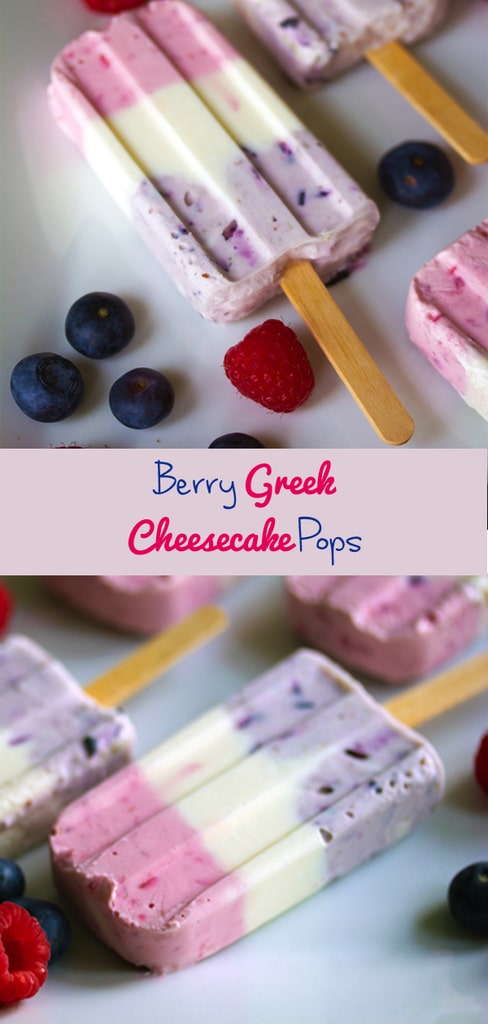 Berry Greek Cheesecake Popsicles -- These popsicles combine fresh berries with Greek cream cheese for a healthy pastel red, white, and blue frozen treat! | wearenotmartha.com #popsicles #cheesecake #greek #creamcheese #berries #summer