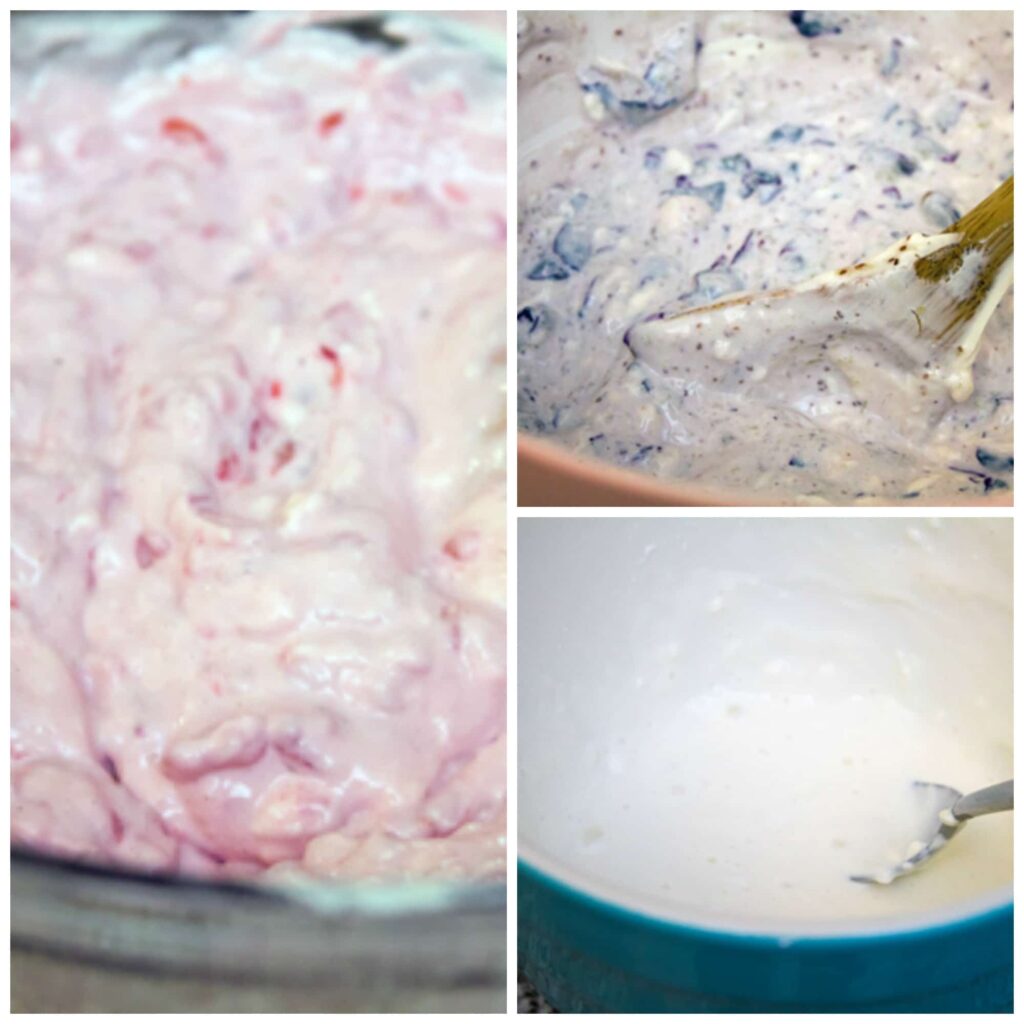 Collage showing raspberry and Greek cream cheese mixture, blueberry and Greek cream cheese mixture, and Greek cream cheese and milk mixture