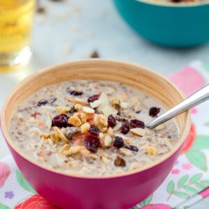 Bircher Muesli -- an incredibly satisfying and versatile breakfast that will get you out of bed in the morning! Mix up the grains, dried fruits, and nuts you use; choose a dairy or dairy alternative; and add a dollop of Greek yogurt and splash of apple juice for a breakfast you'll never get bored of | wearenotmartha.com