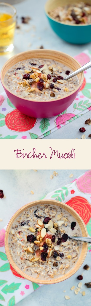 Bircher Muesli -- an incredibly satisfying and versatile breakfast that will get you out of bed in the morning! Mix up the grains, dried fruits, and nuts you use; choose a dairy or dairy alternative; and add a dollop of Greek yogurt and splash of apple juice for a breakfast you'll never get bored of | wearenotmartha.com