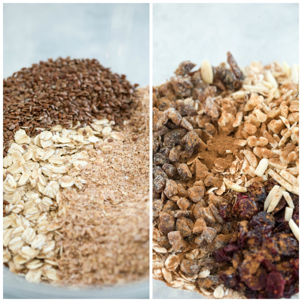 Collage showing oat, bran, and flax, in bowl and also showing additions of dried fruit, nuts, and cinnamon