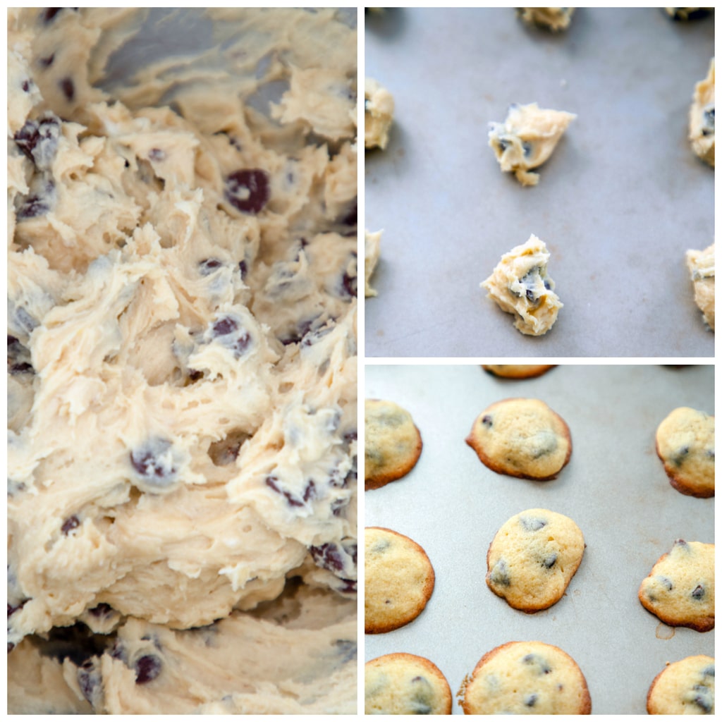 Collage showing process for making bite-size chocolate chip cookies including cookie batter being mixed, cookie batter scooped on baking sheet, and cookies baked on baking sheet