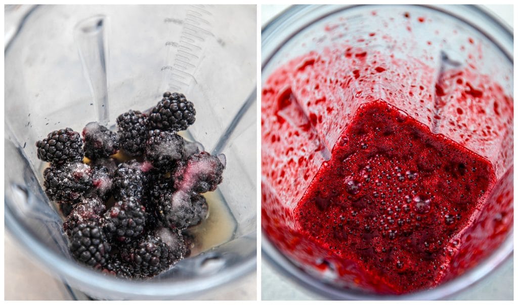 Collage showing process for making blackberry lemonade margaritas, including blender with blackberries, lemon juice, and sugar and mixture all blended together