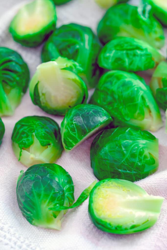 Blanched brussels sprouts on a paper towel