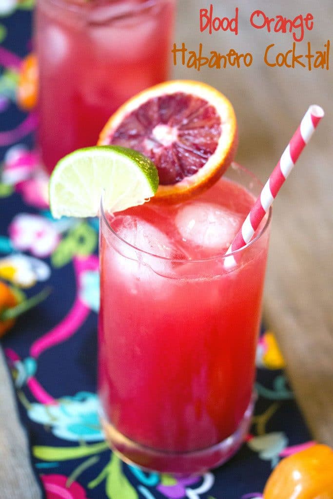 A closeup from above of the blood orange habanero cocktail with "Blood Orange Habanero Cocktail" written in text