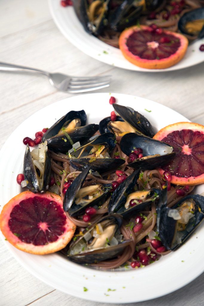 Blood Orange Mussels with Pomegranate Lime Linguine -- The perfect marriage of winter and summer | wearenotmartha.com