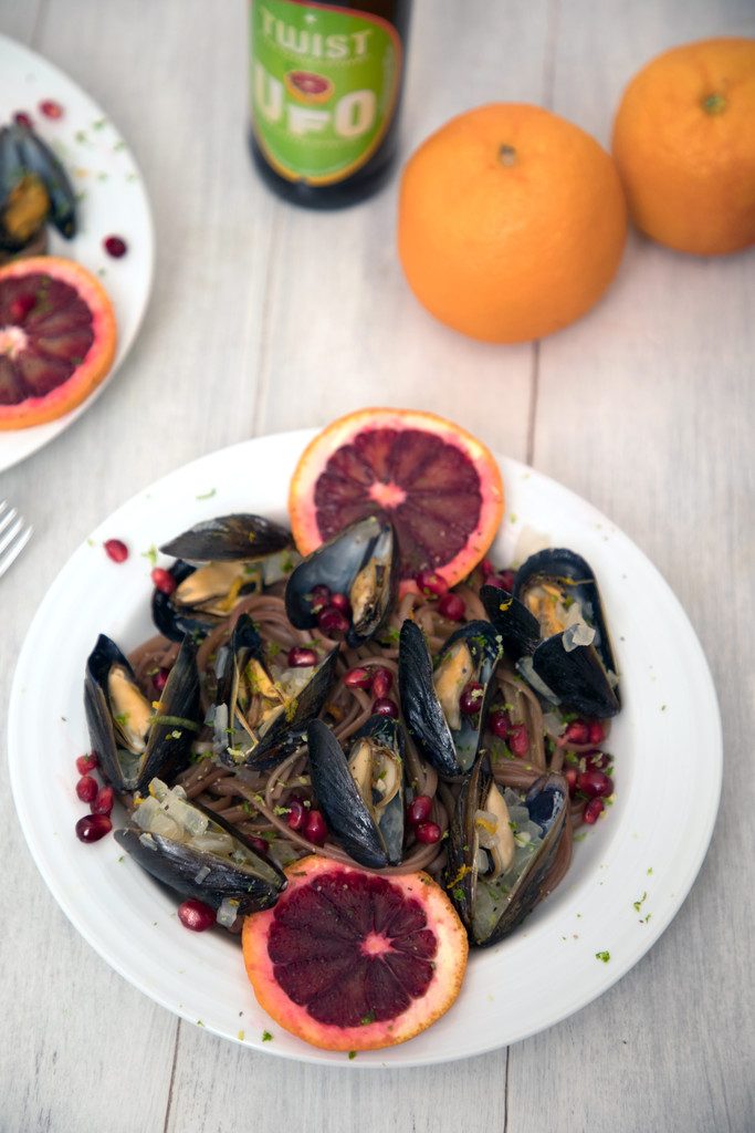 Blood Orange Mussels with Pomegranate Lime Linguine -- The perfect marriage of winter and summer | wearenotmartha.com