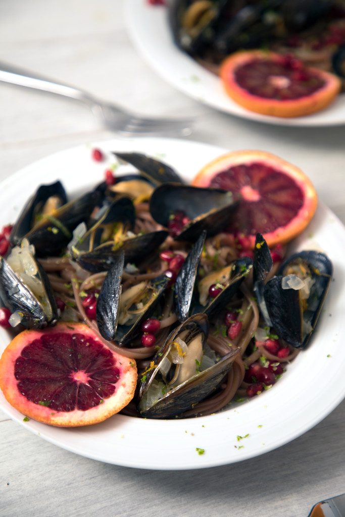 Blood Orange Mussels with Pomegranate Lime Linguine -- The perfect marriage of winter and summer | wearenotmartha.com