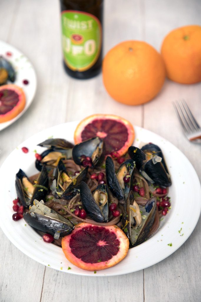 Blood Orange Mussels with Pomegranate Lime Linguine -- The perfect marriage of winter and summer | wearenotmartha.com