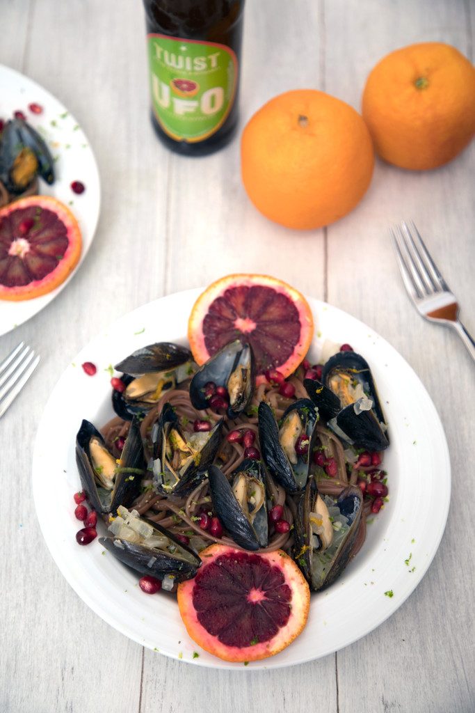 Blood Orange Mussels with Pomegranate Lime Linguine -- The perfect marriage of winter and summer | wearenotmartha.com