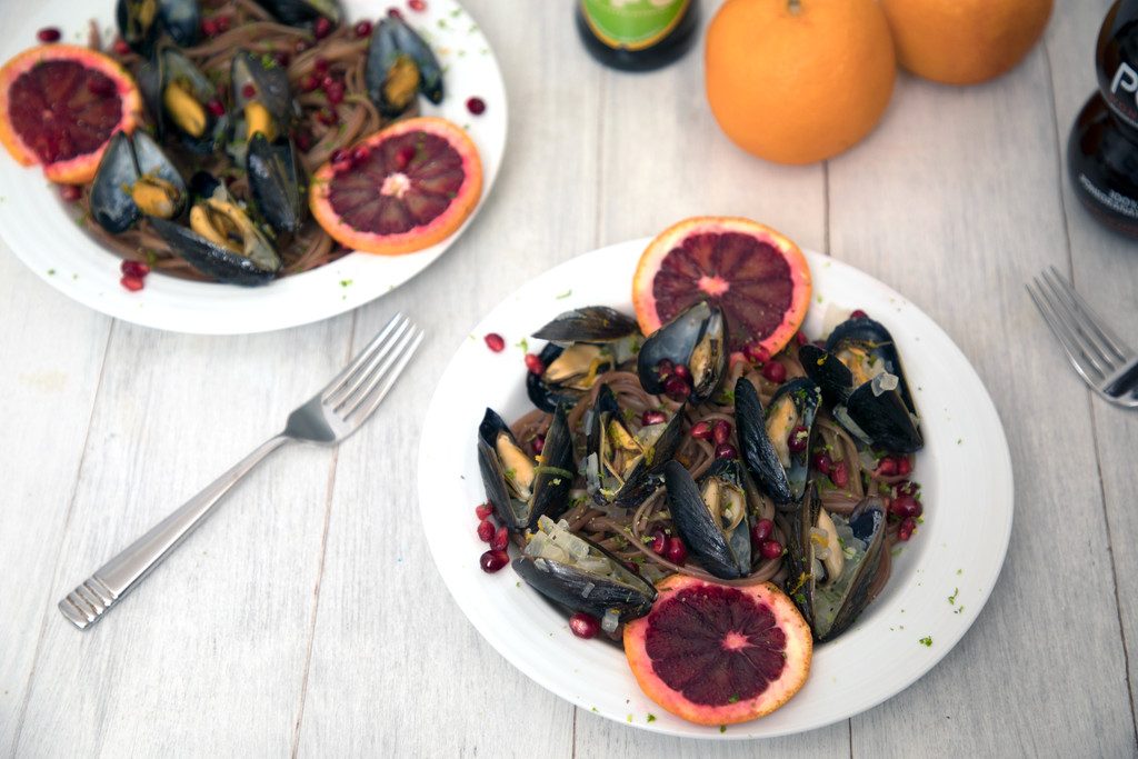 Blood Orange Mussels with Pomegranate Lime Linguine -- The perfect marriage of winter and summer | wearenotmartha.com