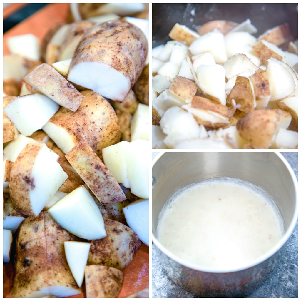 Collage showing process for making blue cheese mashed potatoes with rosemary, including cubed potatoes on a cutting board, potatoes boiled in a saucepan, and milk and garlic warming in a saucepan