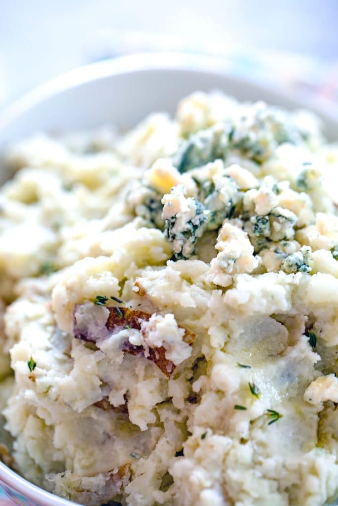 Closeup view of blue cheese mashed potatoes with rosemary