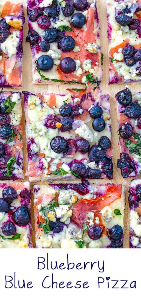 Blueberry and Blue Cheese Pizza -- An unlikely combination of "blue foods" makes for an outstanding dinner with this easy-to-make Blueberry and Blue Cheese Pizza. It's a flavor duo you need to try! | wearenotmartha.com #pizzarecipes #bluecheese #blueberries #summerrecipes #pizza