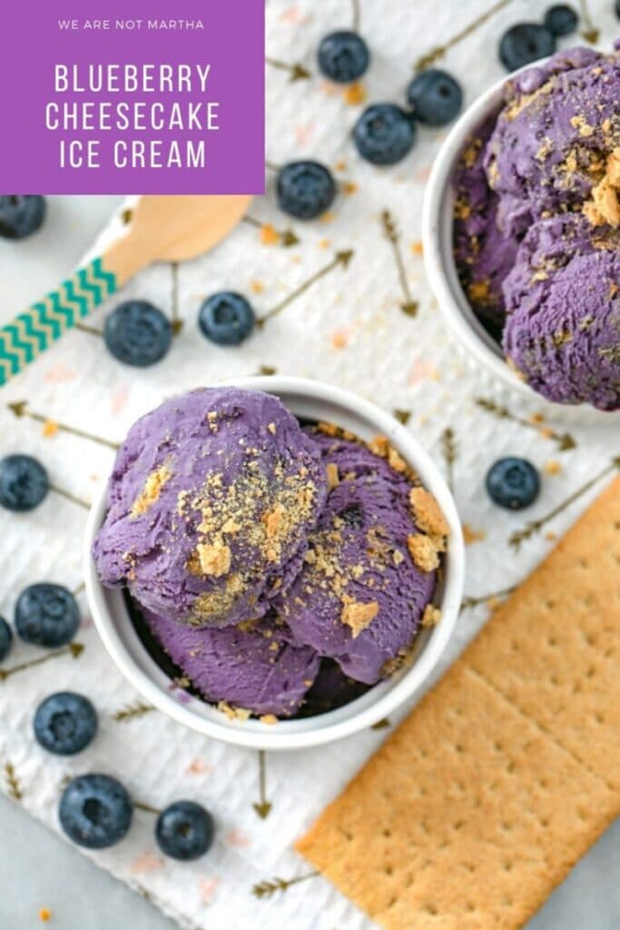 This Blueberry Cheesecake Ice Cream is packed with fresh blueberries and graham crackers and, believe it or not, it's a little bit lighter than the typical ice cream! | wearenotmartha.com #blueberries #blueberrycheesecake #icecream #blueberryicecream #cheesecakeicecream #lightericecream