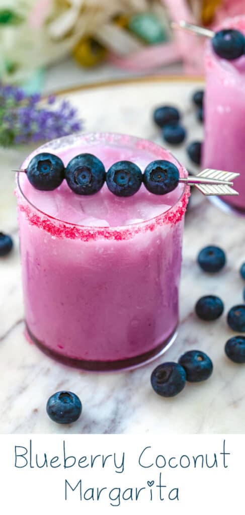 This slightly creamy tropical Blueberry Coconut Margarita will make you feel like you're on a beach... But it can easily be made in your kitchen with just blueberry simple syrup, tequila, and coconut milk!