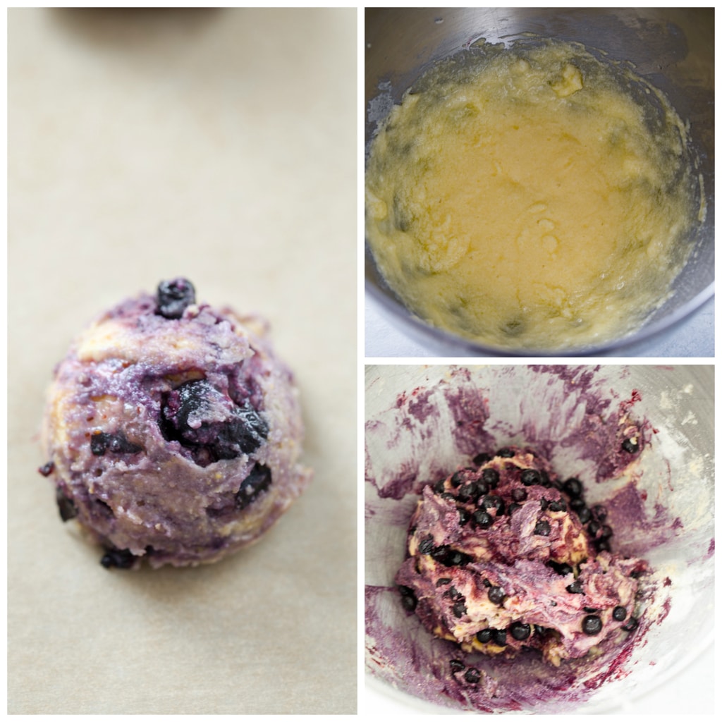 Collage showing the making of Blueberry Corn Toaster Cakes, including creaming the butter and sugar, folding the blueberries into the batter, and forming cookies on a cookie sheet