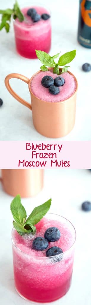 Blueberry Frozen Moscow Mules -- Ginger beer, vodka, and blueberry simple syrup are blended with crushed ice for this summertime frozen cocktail | wearenotmartha.com