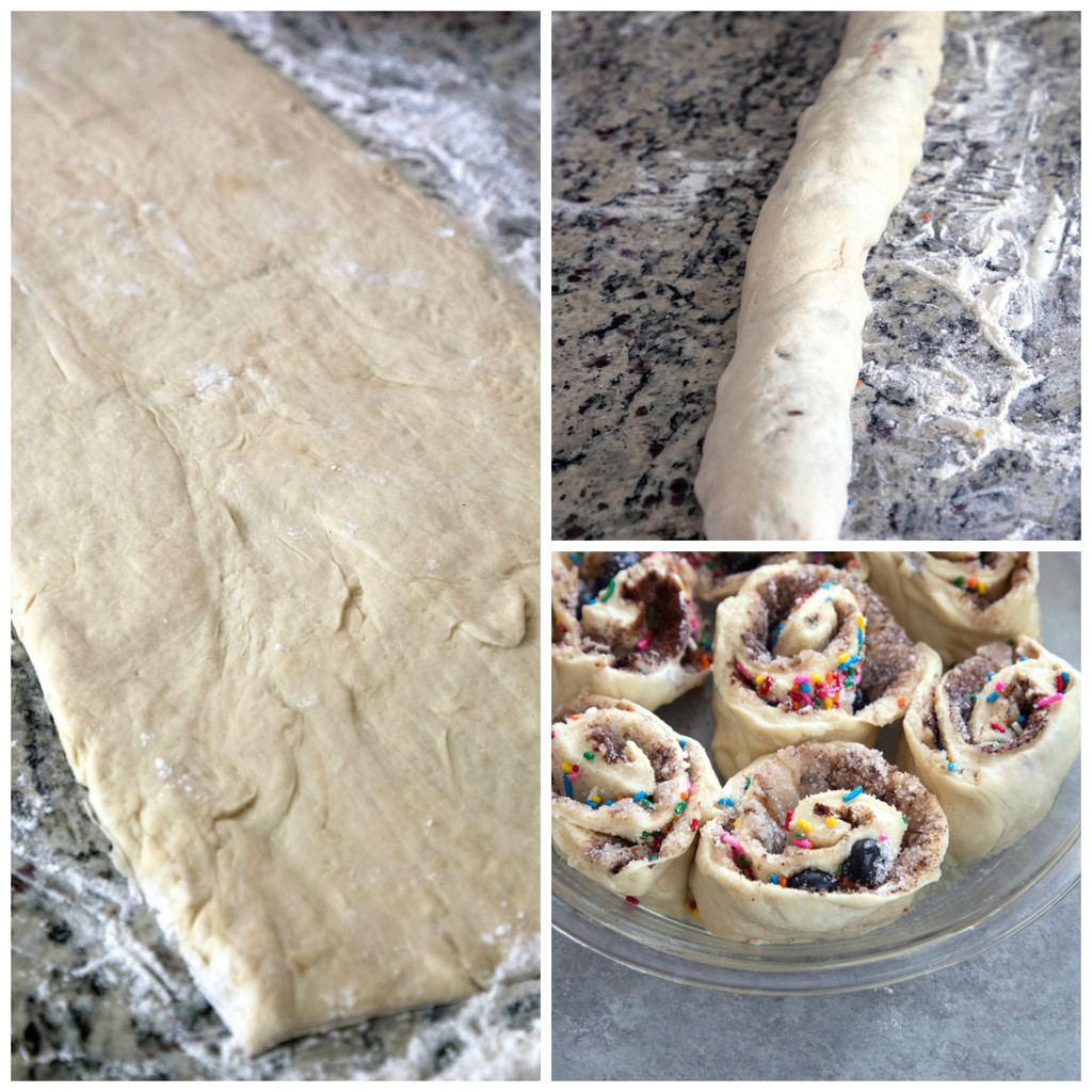 Collage showing process for making blueberry funfetti cinnamon rolls, including dough rolled out into large rectangle, dough rolled up into long tube, and cinnamon rolls sliced and rising in pan