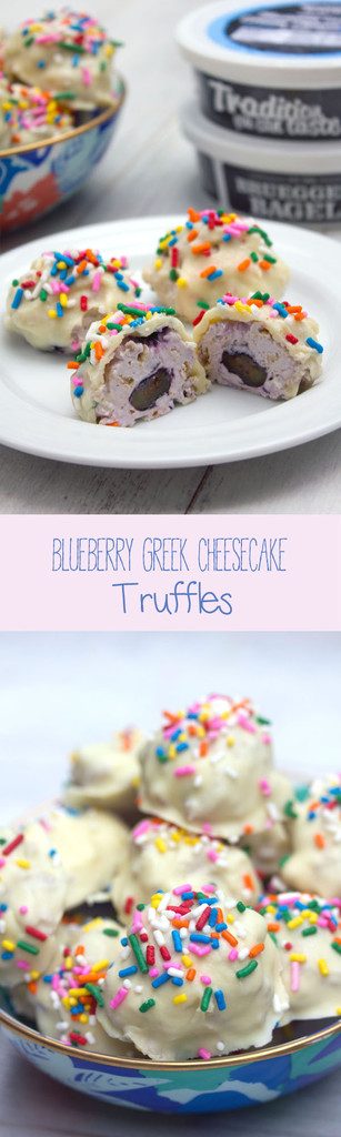 Blueberry Greek Cheesecake Truffles -- Blueberry cream cheese combined with fresh blueberries and graham crackers and dunked in white chocolate | wearenotmartha.com