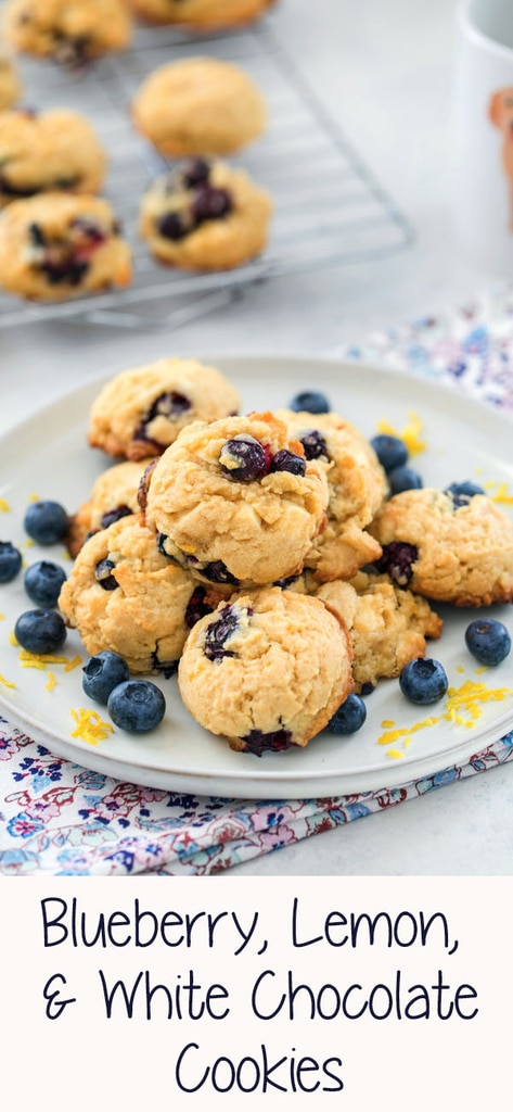 Blueberry, Lemon, and White Chocolate Chunk Cookies -- Looking for a quick and easy dessert to bring to a summer BBQ or party? These lemon blueberry cookies are pretty, delicious, and incredibly fast to make! | wearenotmartha.com #cookies #lemon #blueberries #whitechocolate