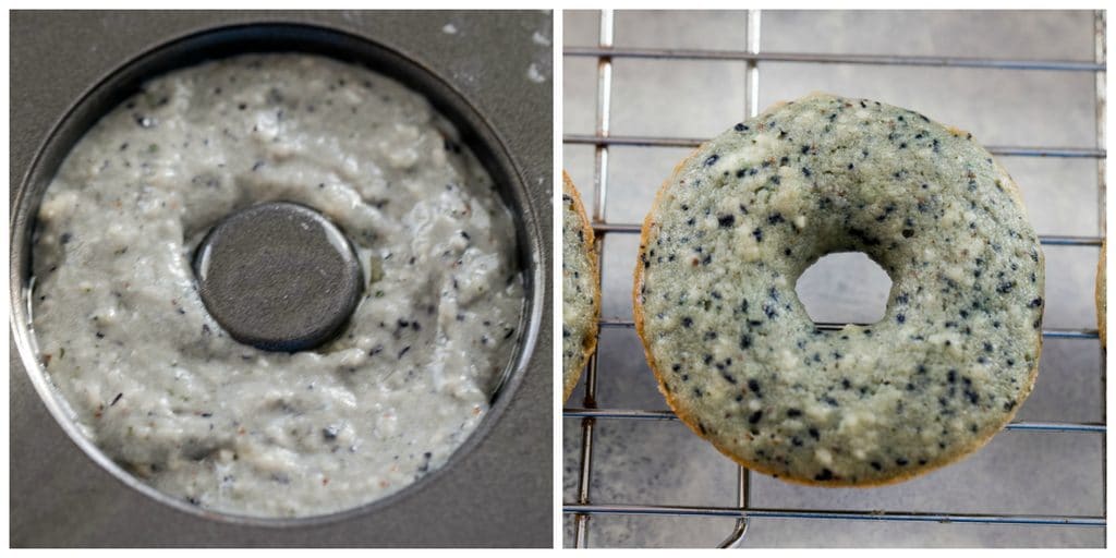 Collage showing process for baking blueberry donuts, including blueberry donut batter in donut pan and just baked donut cooling on metal rack