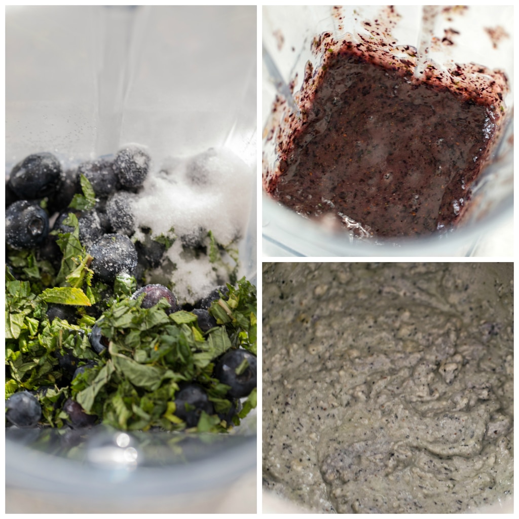 Collage showing the making of blueberry mojito doughnuts, including blender with blueberries, mint, and sugar in it; all the ingredients pureed in a blender; and the blueberry mojito doughnut batter in a bowl