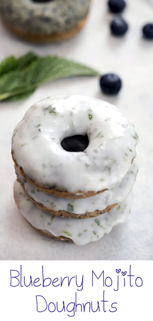 Blueberry Mojito Doughnuts -- These blueberry doughnuts take the classic flavors of a mojito and turn them into a cocktail-themed treat that's perfectly acceptable to enjoy with your morning coffee | wearenotmartha.com #doughnuts #donuts #blueberry #mojito #sweets