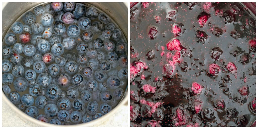 Collage showing process for making blueberry simple syrup, including blueberries simmering in water and sugar and blueberries broken down in simple syrup