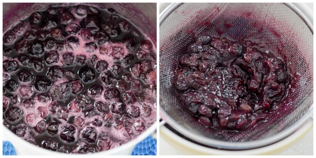 Collage showing blueberry simple syrup making process, including simple syrup boiling in saucepan and simple syrup being strained into bowl