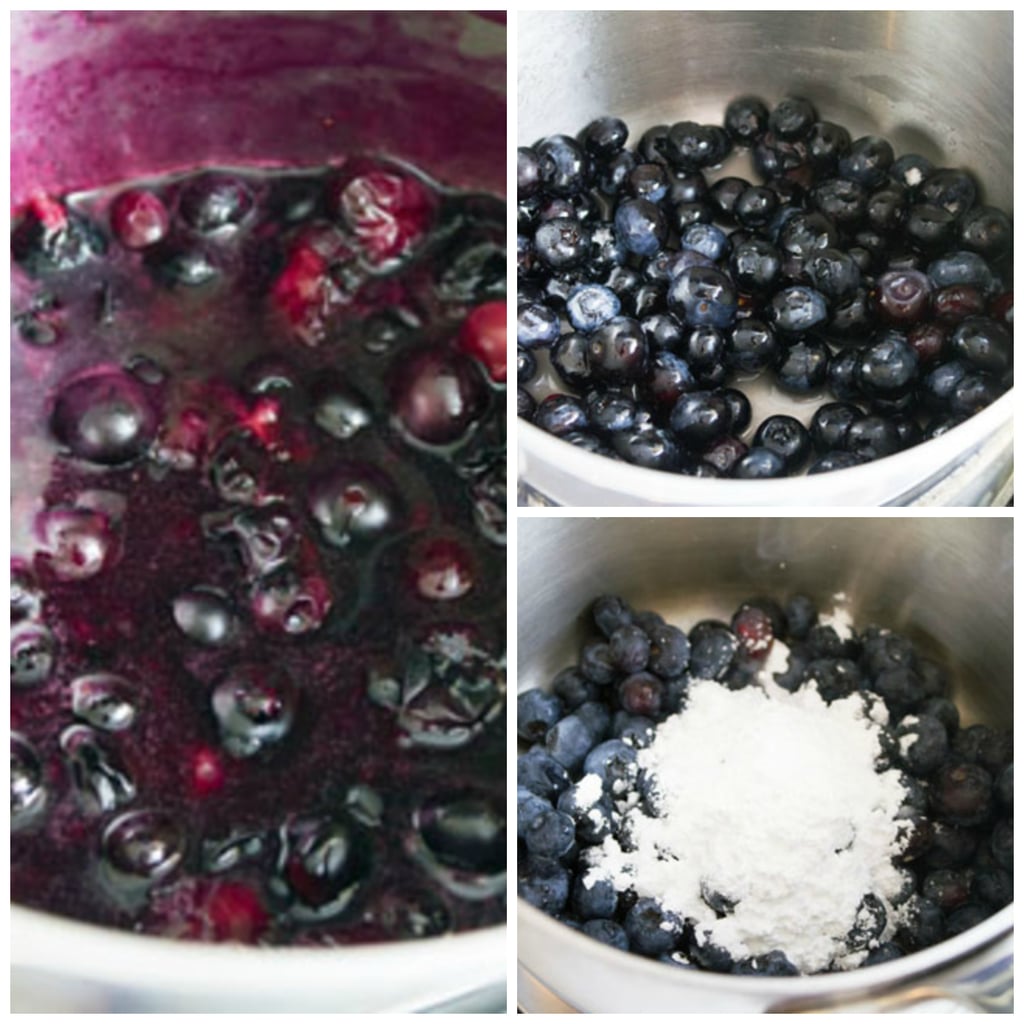 Collage of blueberries and sugar in saucepan ready to be turned into blueberry puree syrup