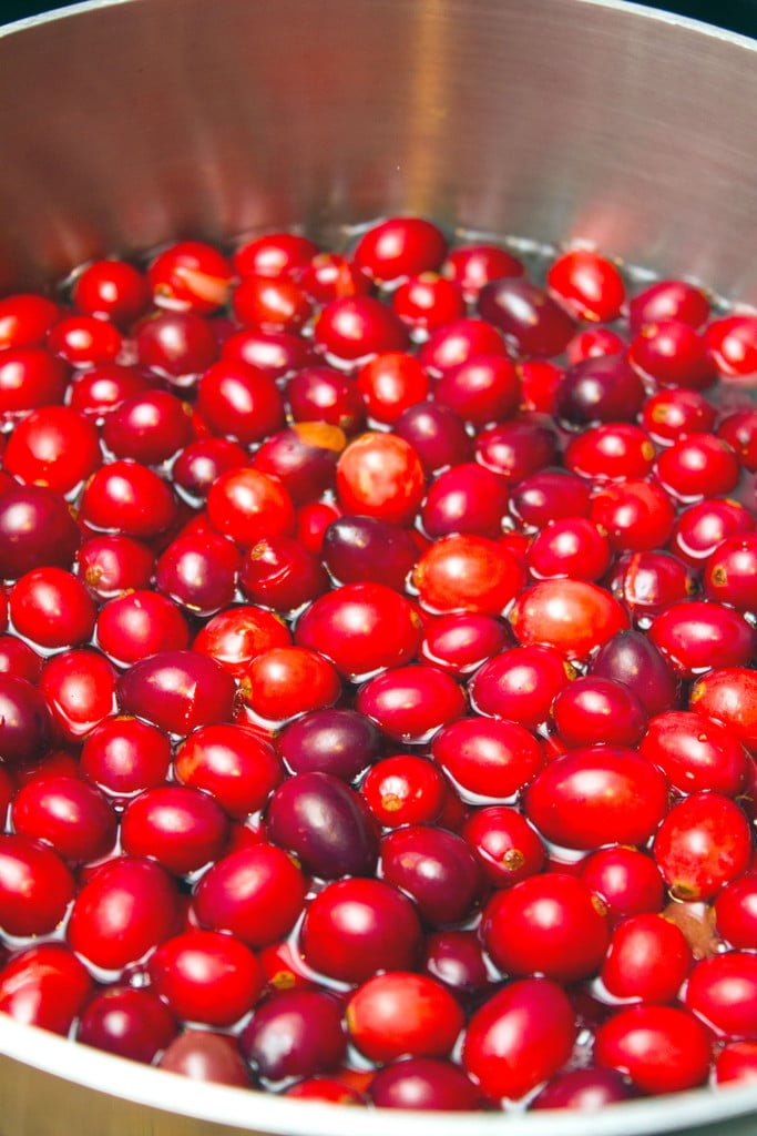 Cranberries simmering in saucepan