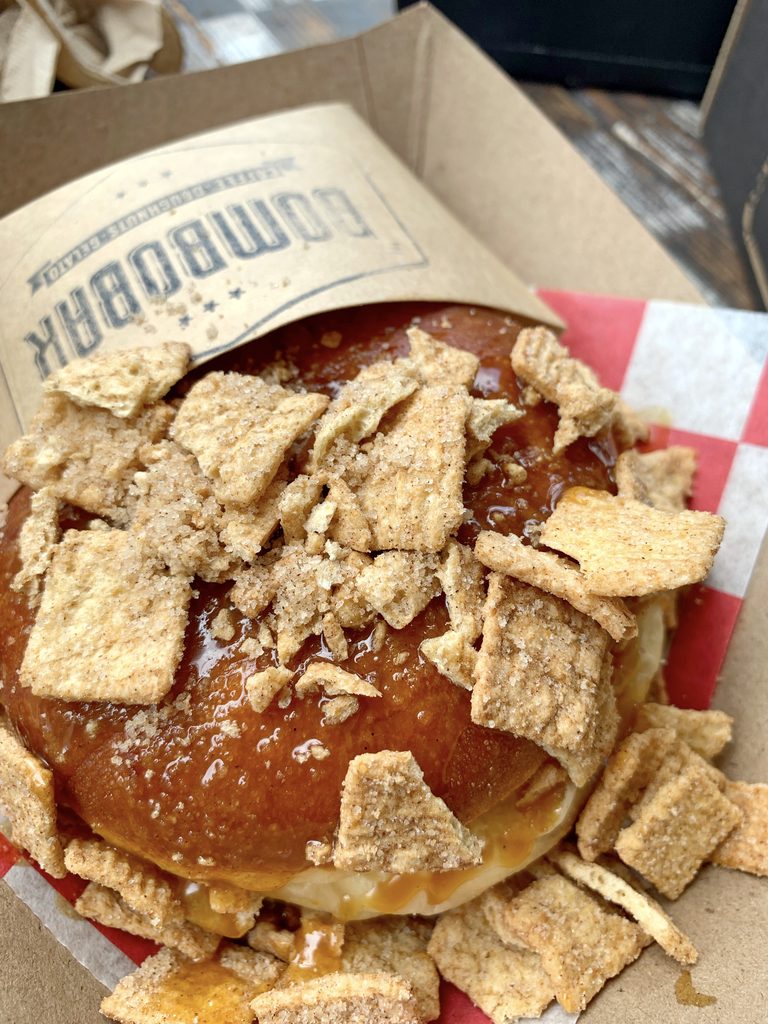 Overhead view of the Caramel Apple Gelato Sandwich topped with Cinnamon Toast Crunch from BomboBar in Chicago