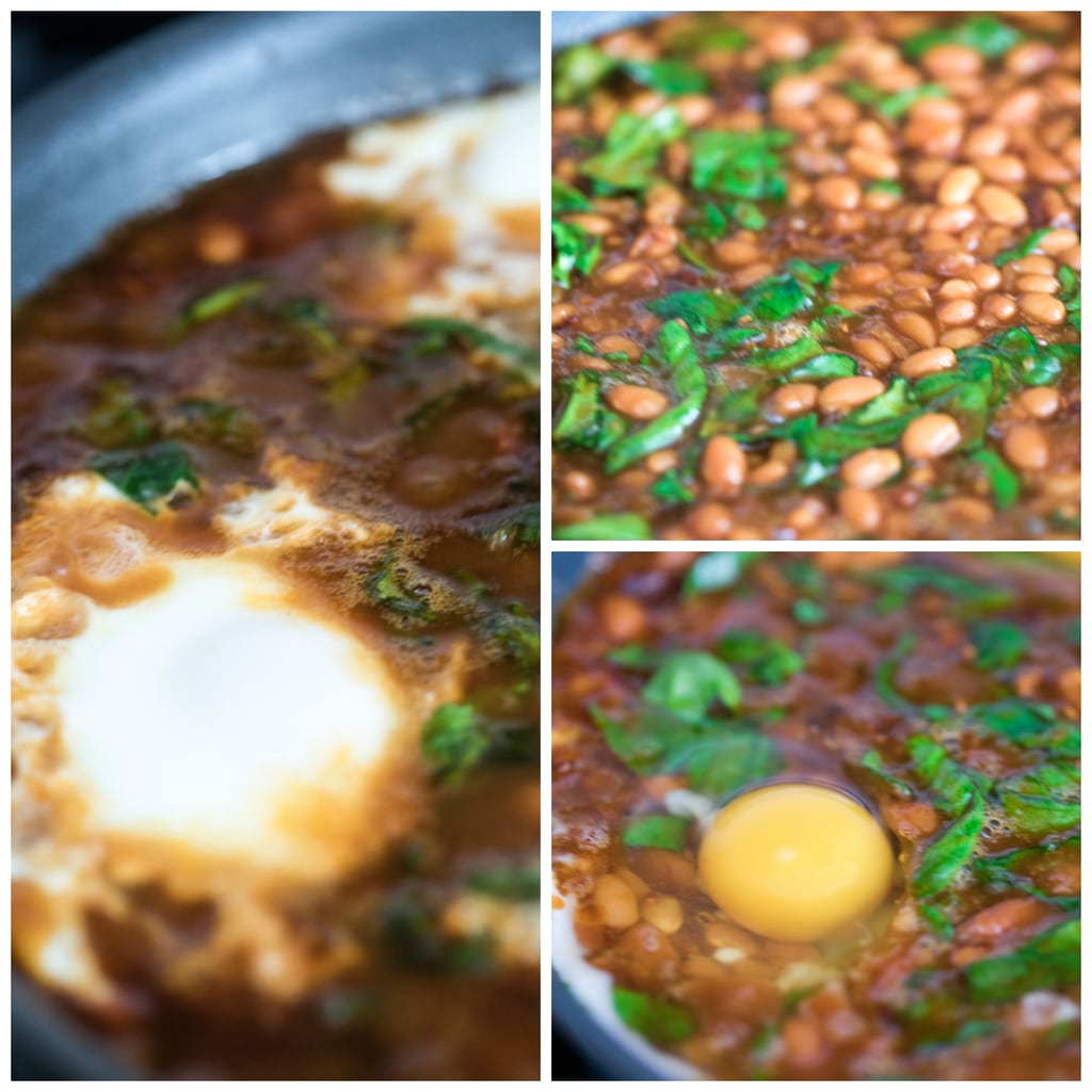 Collage showing baked beans in skillet with spinach mixed in and eggs cooking over beans