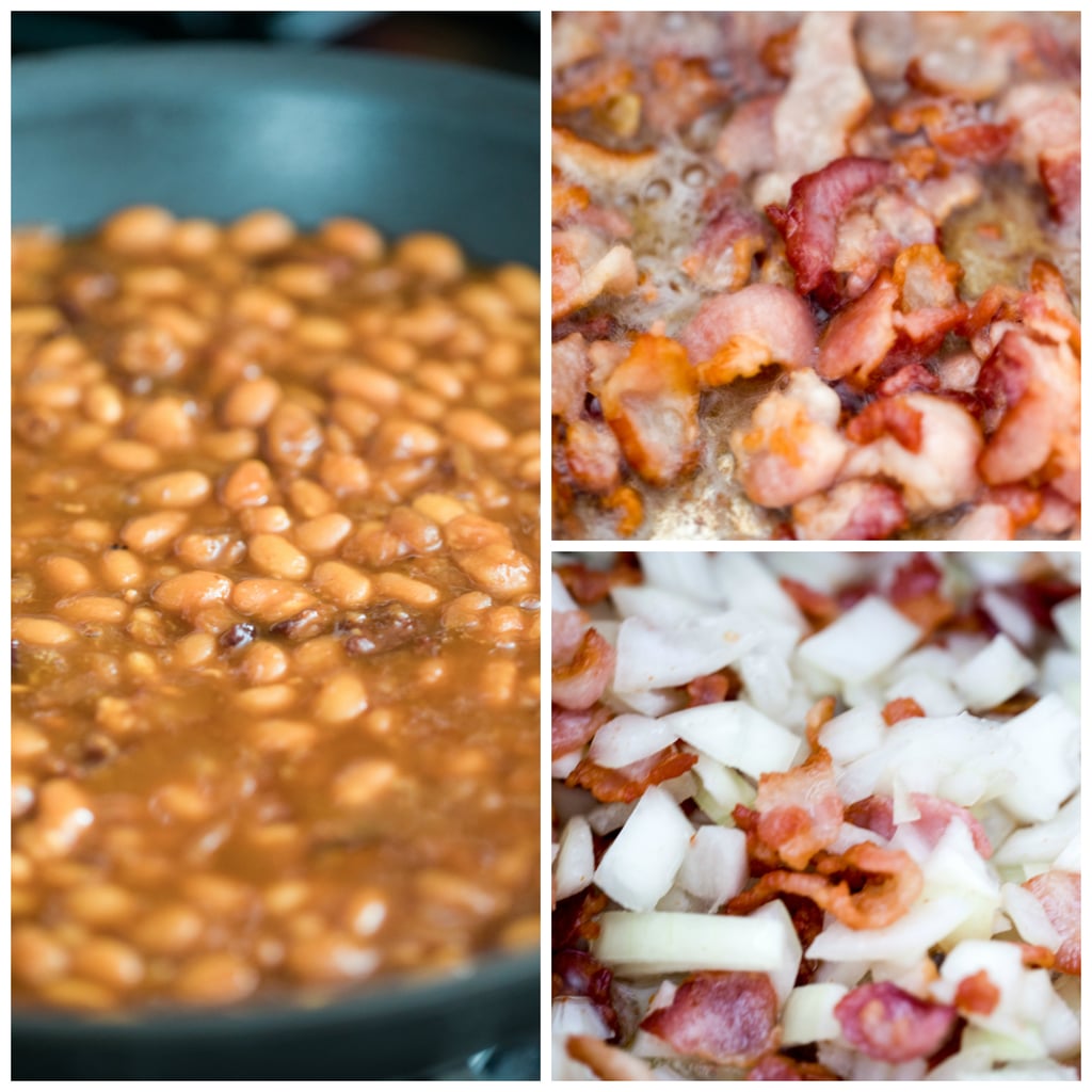 Collage showing baked beans cooking in Instant Pot, including bacon browning, onion cooking, and baked beans after cooking