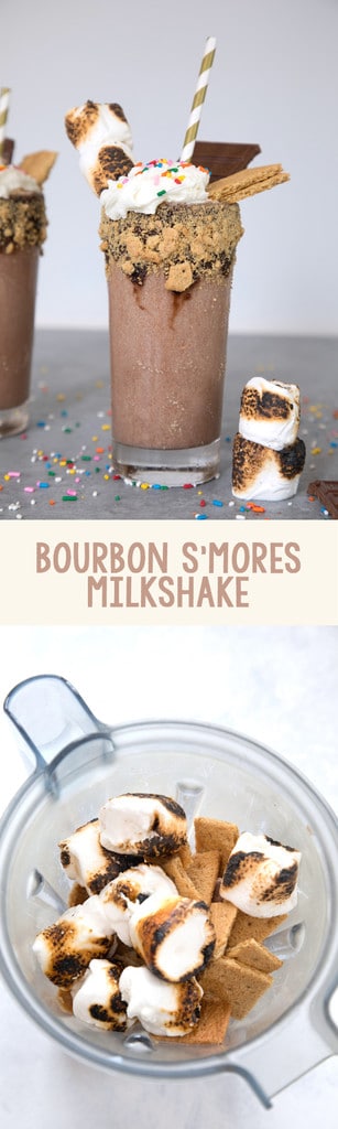 Bourbon S'mores Milkshake -- This milkshake combines all of your favorite components of s'mores along with chocolate ice cream and bourbon for the ultimate treat in a glass | wearenotmartha.com #milkshake #bourbon #smores #summer #icecream