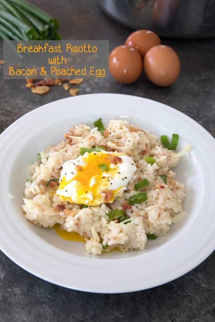 Breakfast risotto with bacon, poached egg and scallions with eggs, scallions, and crumbled bacon in background and recipe title at top