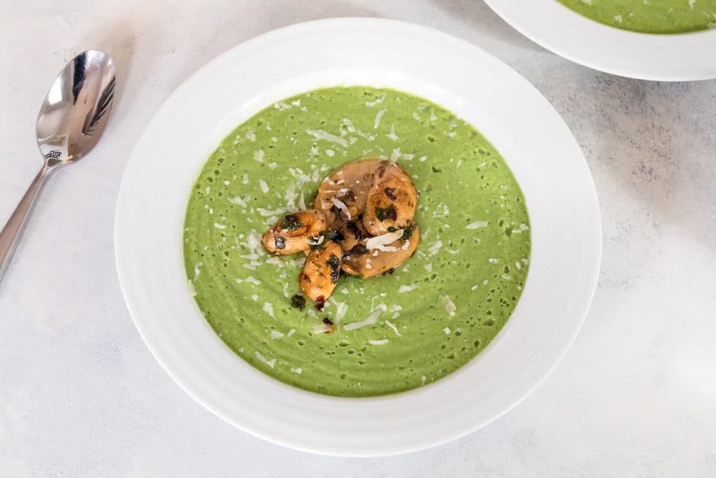 Broccoli Soup with Sauteed Mushrooms -- This healthy soup is packed with flavor and nutrients and made creamy with a little bit of Greek yogurt | wearenotmartha.com