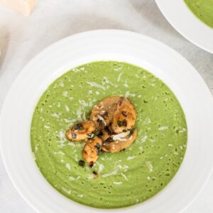 Broccoli Soup with Sauteed Mushrooms -- This healthy soup is packed with flavor and nutrients and made creamy with a little bit of Greek yogurt | wearenotmartha.com