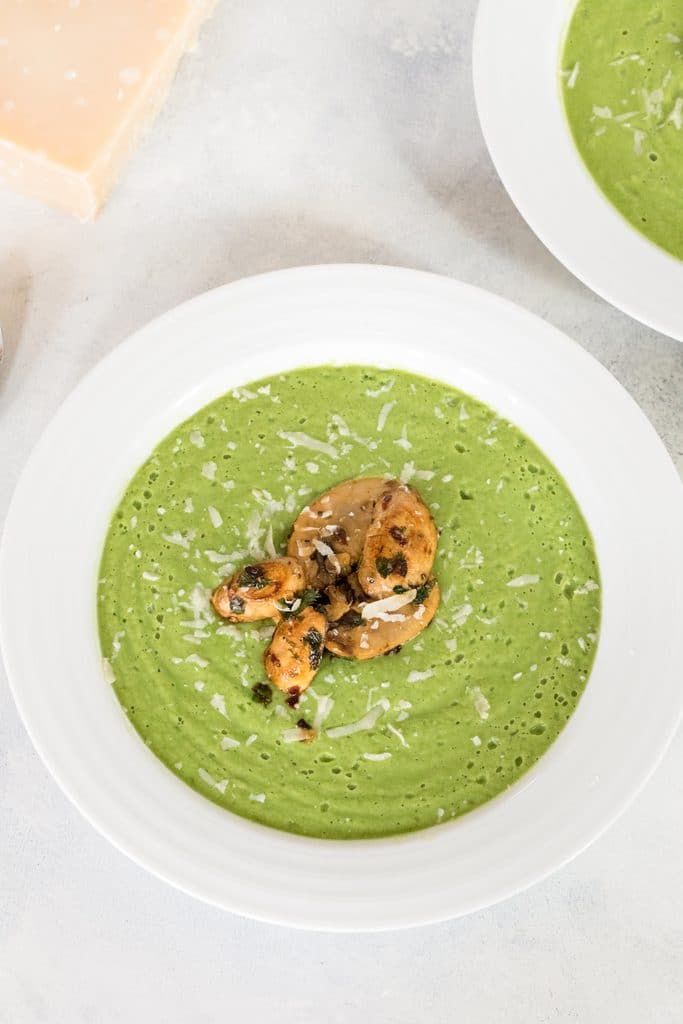 Broccoli Soup with Sauteed Mushrooms -- This healthy soup is packed with flavor and nutrients and made creamy with a little bit of Greek yogurt | wearenotmartha.com