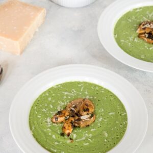 Broccoli Soup with Sauteed Mushrooms -- This healthy soup is packed with flavor and nutrients and made creamy with a little bit of Greek yogurt | wearenotmartha.com