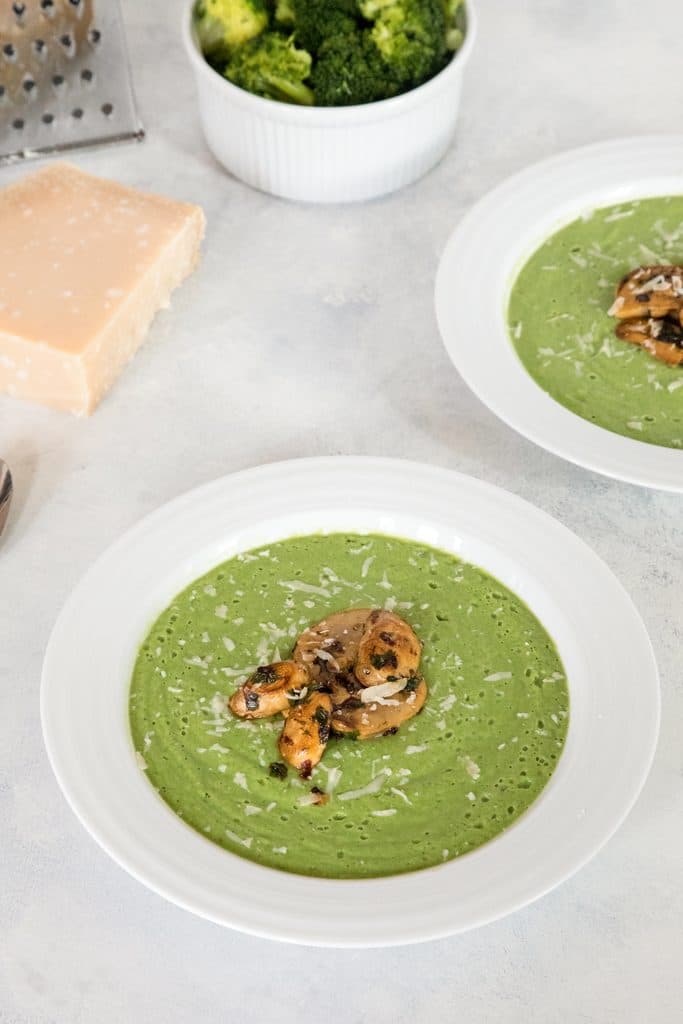 Broccoli Soup with Sauteed Mushrooms -- This healthy soup is packed with flavor and nutrients and made creamy with a little bit of Greek yogurt | wearenotmartha.com