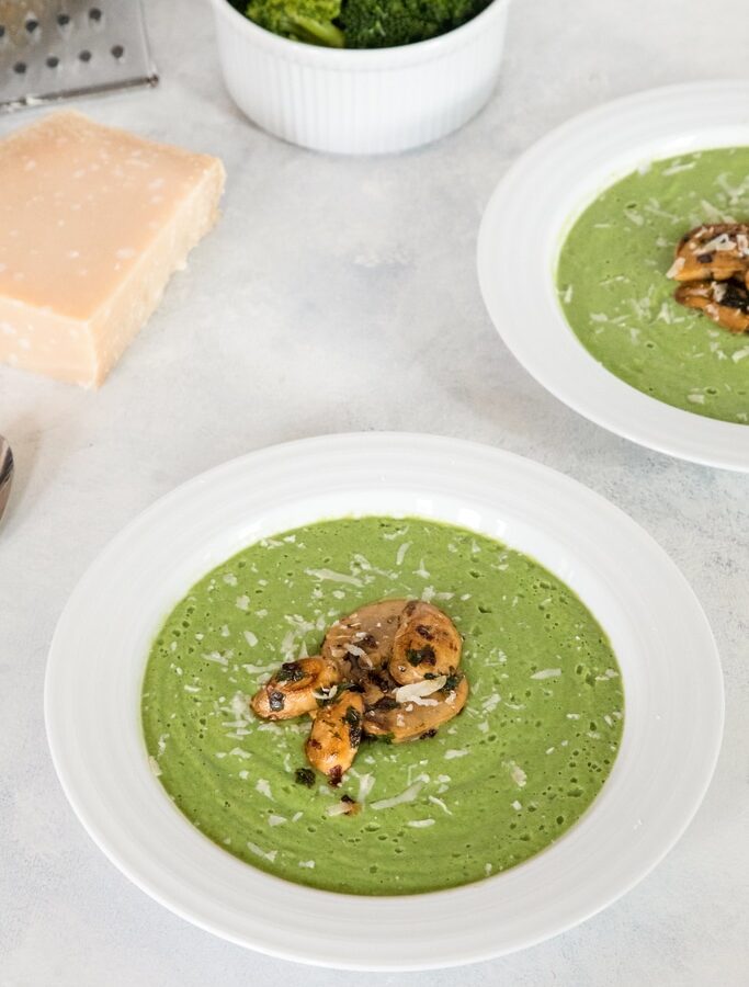 Broccoli Soup with Sauteed Mushrooms -- This healthy soup is packed with flavor and nutrients and made creamy with a little bit of Greek yogurt | wearenotmartha.com