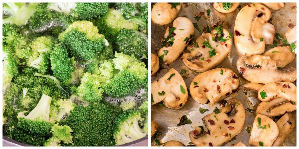 Cooking broccoli and sauteeing mushrooms collage while making broccoli soup