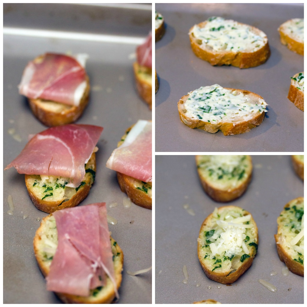 Collage showing process for assembling brunch bruschetta, including bread slices with herbed garlic butter spread on, bread slices with butter melted and cheese sprinkled on, and bread slices with butter, cheese, and prosicutto