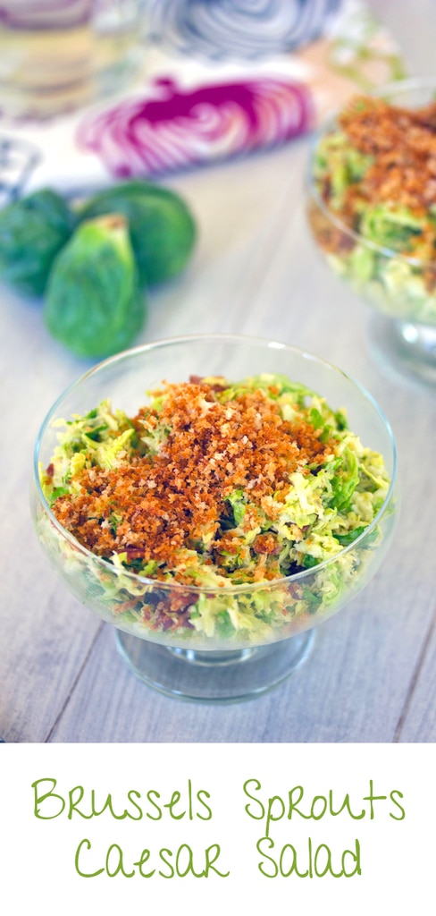 Brussels Sprouts Bacon Caesar Salad -- Think you don't like brussels sprouts? This Brussels Sprouts Bacon Caesar Salad will have you second guessing that notion. With salty bacon, lots of creamy caesar dressing, and a crispy panko topping, there's no way you won't love this salad! | wearenotmartha.com #brusselssprouts #caesar #salad #bacon