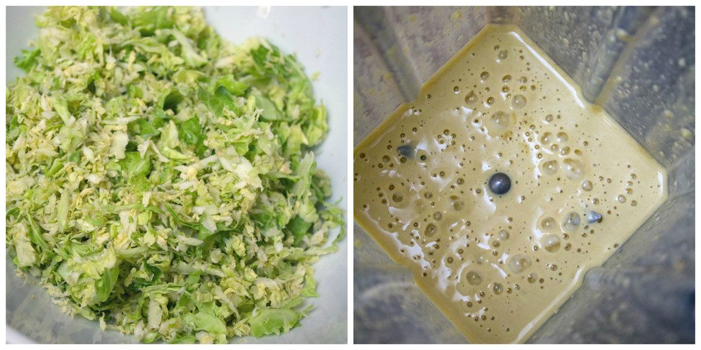 Collage showing shredded brussels sprouts in a bowl and caesar dressing in blender