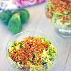 Brussels Sprouts Bacon Caesar Salad -- Think you don't like brussels sprouts? This Brussels Sprouts Bacon Caesar Salad will have you second guessing that notion. With salty bacon, lots of creamy caesar dressing, and a crispy panko topping, there's no way you won't love this salad! | wearenotmartha.com